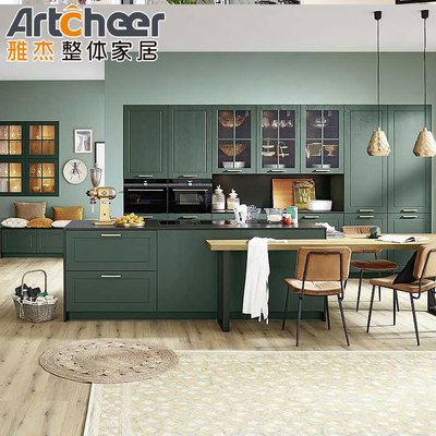 comprare Gabinetti di cucina verdi e rossi Isole con posti a sedere Moderni mobili da cucina in legno fabbricazione online
