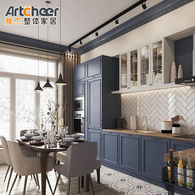 comprare Armadio di cucina modulare con maniglie d'oro e disegno di sezione blu scuro in materiale compensato fabbricazione online