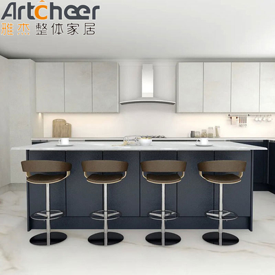 comprare Arredamento di cucina personalizzato in colore grigio e blu in forma di L per cucina moderna da Foshan fabbricazione online