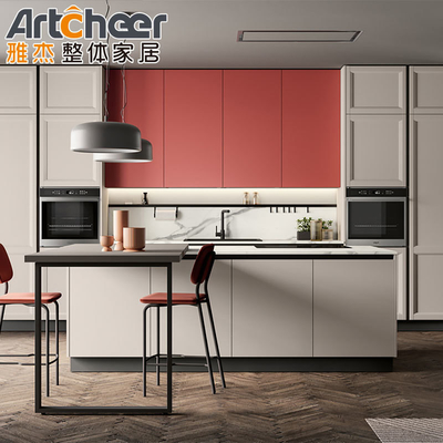 comprare Classici armadi da cucina di design scandinavo con pannello ENF rosa e tavolo isolato fabbricazione online