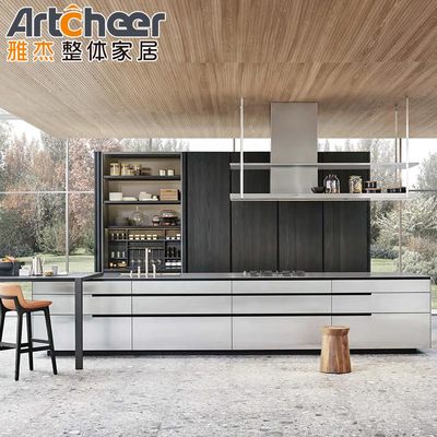 comprare Set di armadietti da cucina moderni di piccole dimensioni e disegno dell'intera unità con tavolo dell'isola centrale fabbricazione online